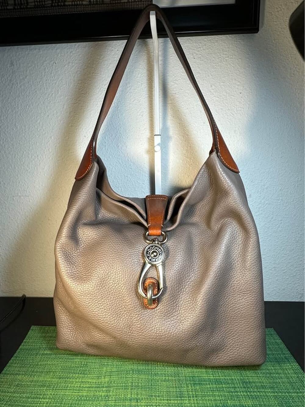 Dooney & Bourke Pebble Grain Leather Logo Lock Shoulder Bag Hobo – Taupe/ Gray